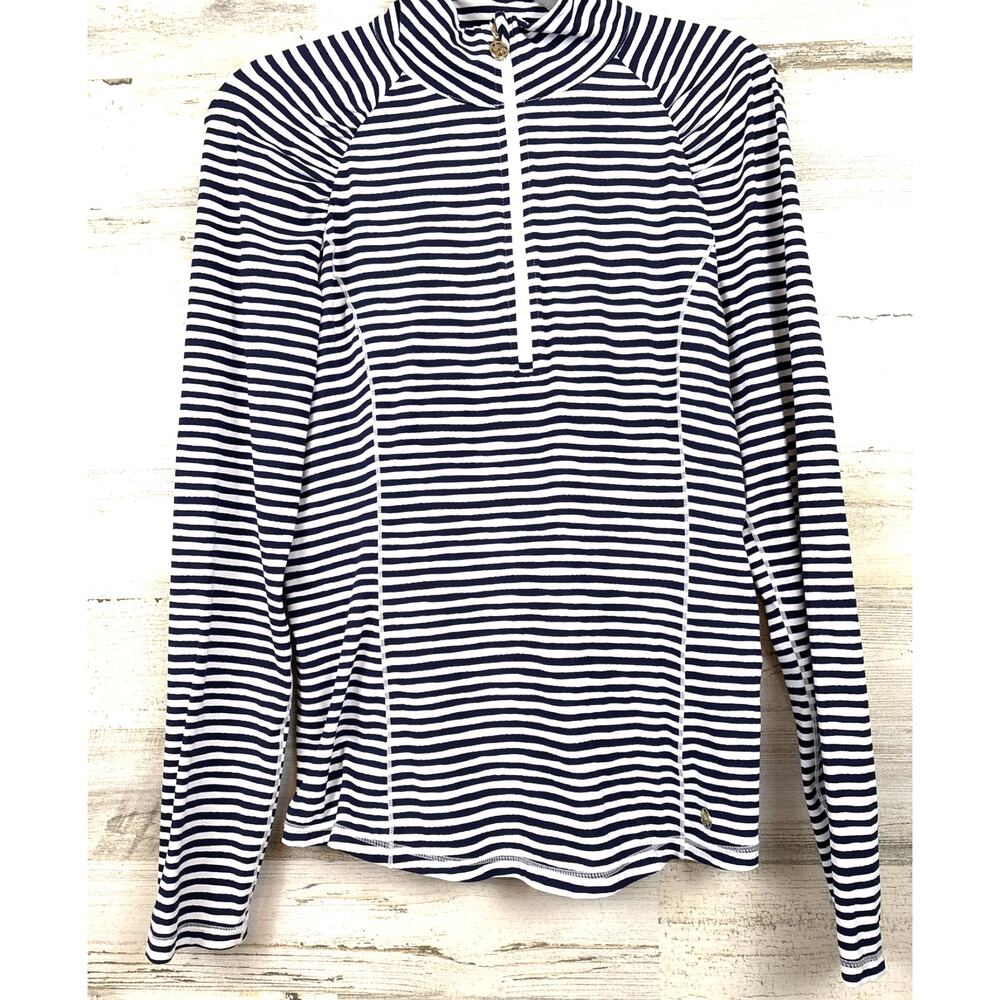 Lilly Pulitzer Luxletic Blue White Stripe 1/4 Zip Athletic Top Womens M Coastal